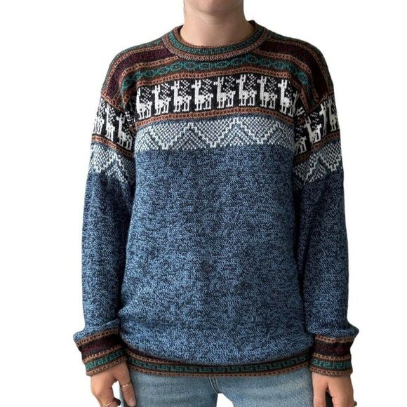 Peruvian Unisex Alpaca Fair Isle Blue Soft Crewneck Sweater Sz L - Picture 1 of 5